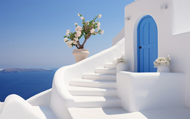 White stairs leading to terrace in Oia, Santorini - obrazy, fototapety, plakaty