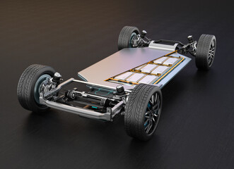 Electric vehicle Chassis equipped with In-Wheel Motors and Solid-state Battery Pack, wireless charging in Charging station. Battery pack with cutaway view. 3D rendering illustration.