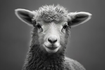Obraz premium Sheep portrait close-up. Farm animal. White lamb in a studio. Sheep wool breeds.