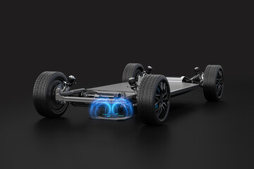 Electric vehicle Chassis equipped with In-Wheel Motors and Solid-state Battery Pack, wireless charging in Charging station. Generic design. 3D rendering illustration.