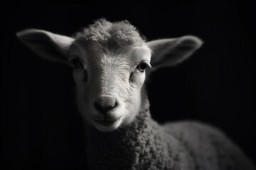 Studio portarit of a domestic sheep lamb close-up on a head.