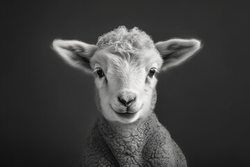 Studio portarit of a domestic sheep lamb close-up on a head.