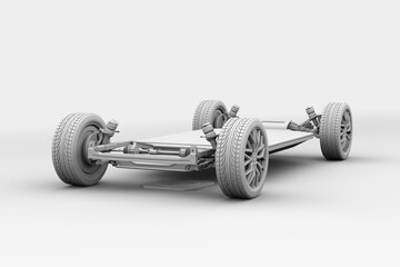 Clay rendering of Electric vehicle Chassis equipped with In-Wheel Motors and Solid-state Battery Pack, wireless charging in Charging station. 3D rendering illustration.