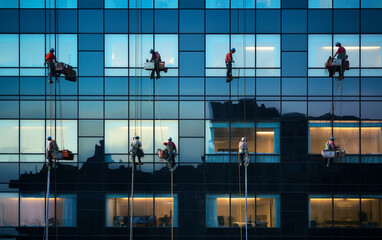 Workers washing windows in the office building