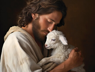 Jesus Christ gently holding a lamb. Conceptual image depicting a sense of protection and care. AI generated image