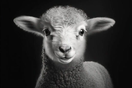 Studio portarit of a domestic sheep lamb close-up on a head.