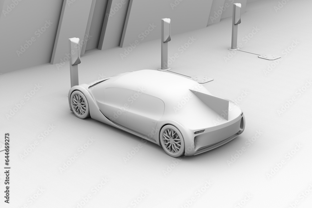 Poster clay rendering of futuristic electric car wireless charging in charging station. generic design. 3d 