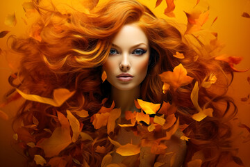 Young woman with red hair surrounded by autumn leaves in a warm atmosphere.