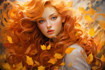 Young woman with red hair surrounded by autumn leaves in a warm atmosphere.