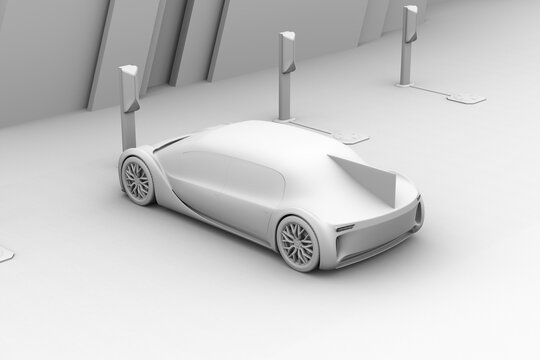 Clay rendering of  futuristic Electric car Wireless Charging in Charging Station. Generic design. 3D rendering image.
