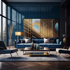 Blue and gold living room with abstract painting and large window AI Generated