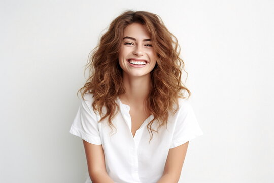 smiling happy woman sitting on white background. Long wavy hair and white blouse with ruffle sleeves - AI Generated