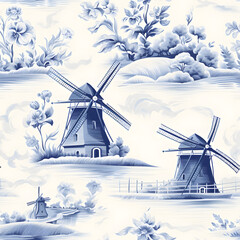 Seamless Delft Dutch Windmill Decorative Background Tile - Generative AI