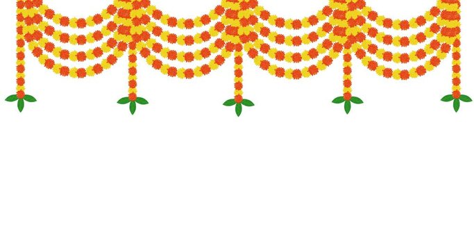 4k Traditional indian marigold floral garland animated video,wedding and festival decoration,border flower decoration with white background