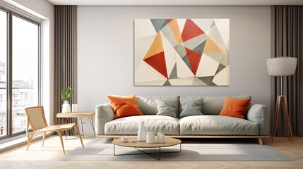 Abstract painting in red, orange, black, and white in a living room AI Generated