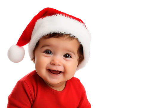 Adorable baby Latin American boy portrait with Santa's hat smiling at camera. Isolated on white background