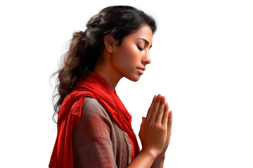 Side view of Latin American woman praying with passion isolated on white background