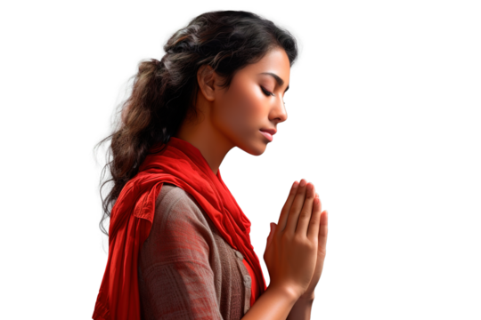 Side view of Latin American woman praying with passion isolated on white background - Powered by Adobe