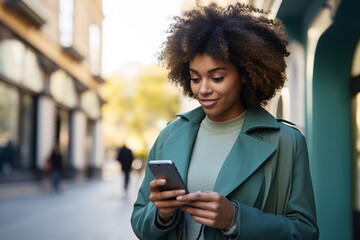 Smiling black woman with smartphone in an outdoor setting AI Generated