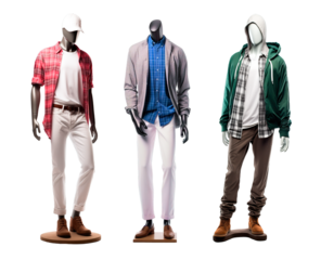 Three mannequins of male clothing dressed with casual cool style. Isolated on white background
