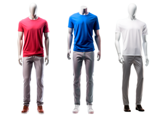 Mannequins of male clothes wearing basics t-shirts over isolated white background