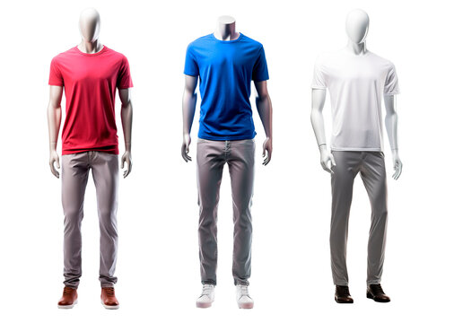 Mannequins of male clothes wearing basics t-shirts over isolated white background
