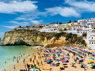 View of Carvoeiro fishing village with beautiful beach, Algarve