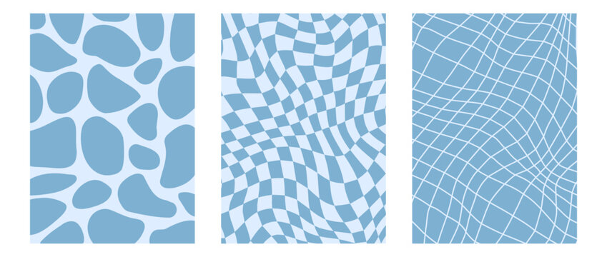 Retro distorted checkered and blob background set. Blue trippy psychedelic pool wallpaper pack. Wavy groovy checkerboard water surface. Abstract twisted pattern collection. Vector backdrop bundle