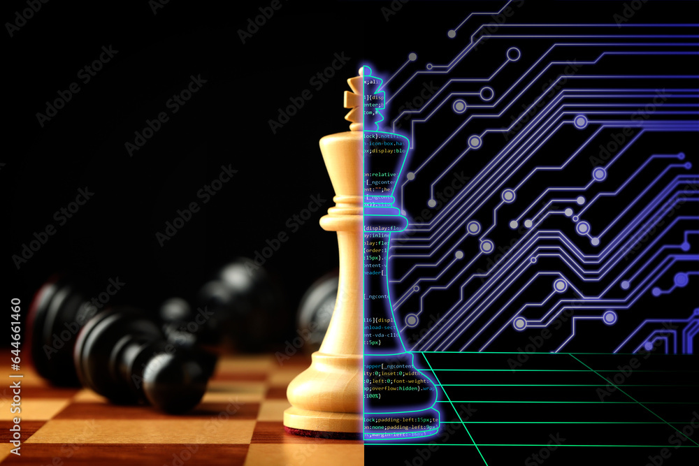 Fototapete One half of chess piece standing on chessboard, and other one filled with programming code standing on digital board against circuit board pattern