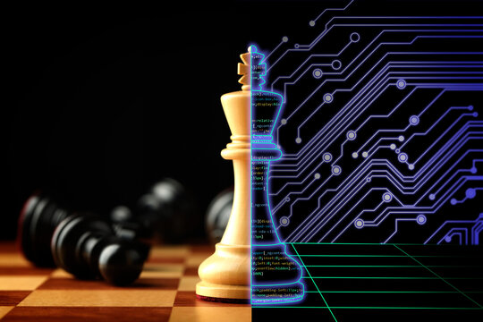 One half of chess piece standing on chessboard, and other one filled with programming code standing on digital board against circuit board pattern