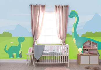 Baby room interior with crib near window. Cartoon style wallpapers with dinosaurs