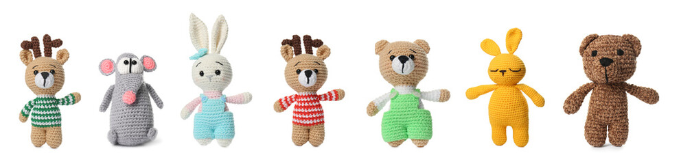 Set with different knitted toys isolated on white