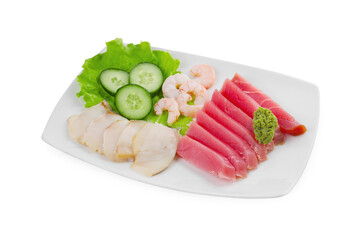 Sashimi set (raw slices of tuna, oily fish and shrimps ) served with cucumber, lettuce and vasabi isolated on white