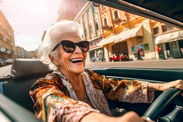 オープンカーを運転するおばあちゃん - obrazy, fototapety, plakaty