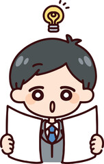 資料を見て閃くスーツの男性