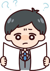 資料を見てはてなを浮かべるスーツの男性