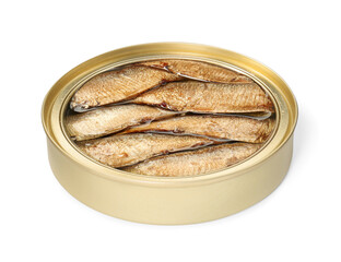 One tin can of sprats isolated on white