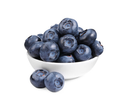 Fresh ripe blueberries in bowl isolated on white