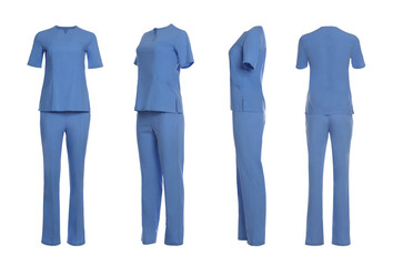Blue medical uniform isolated on white, collage with back, side and front views