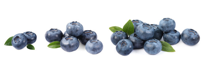 Set with fresh blueberries and green leaves isolated on white