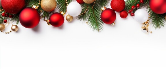 Merry Christmas and Happy New Year banner with blank space for text with Christmas balls and decoration  on a white background 