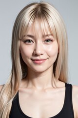 beautiful asian woman bob cut close-up smile front pastel grey background