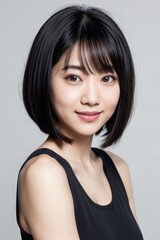 Fototapeta premium beautiful asian woman bob cut close-up smile front pastel grey background