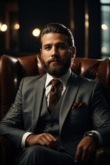 An elegant gentleman in a tailored suit, with beard, his face illuminated by the light, sitting in an armchair