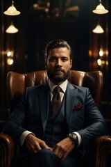 An elegant gentleman in a tailored suit, with beard, his face illuminated by the light, sitting in an armchair