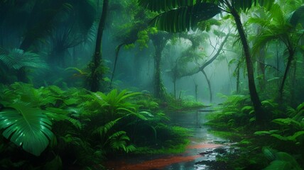 Thick Amazon Rain forest after a rain shower with a small stream flowing through it