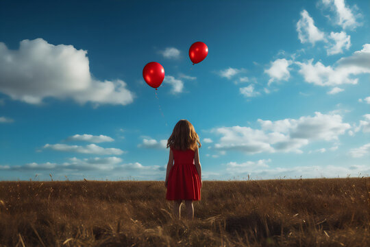 a little girl hold some colorful balloons standing in the middle of grass field, from behind, fine art style, dreamy light,
