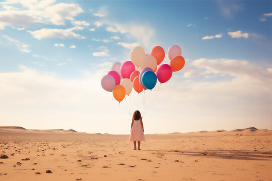 a little girl hold some colorful balloons standing in the middle of the desert, from behind, reflection, fine art style, dreamy light,