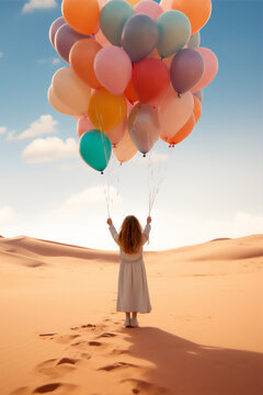 a little girl hold some colorful balloons standing in the middle of the desert, from behind, reflection, fine art style, dreamy light,
