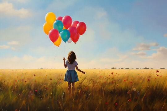 a little girl hold some colorful balloons standing in the middle of grass field, from behind, fine art style, dreamy light,